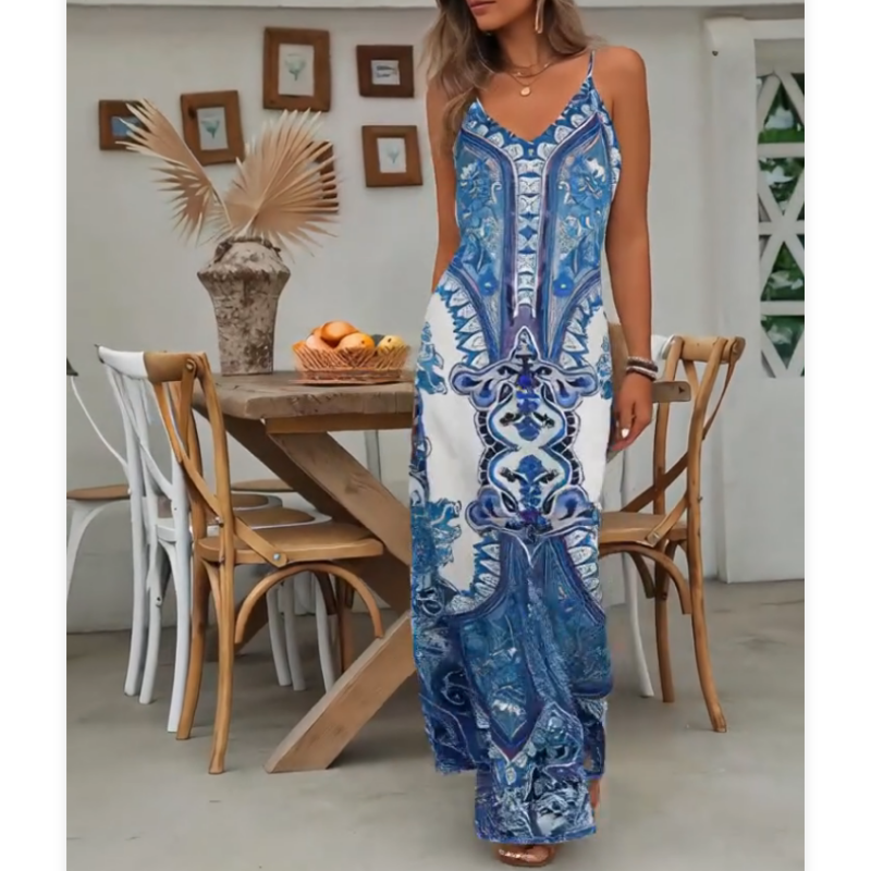 ⏳🔥2026 Verkaufsschlager🎁Damen Retro Print V-Ausschnitt Ärmelloses Maxikleid🔥Beim Kauf von 2 Stück kostenloser Versand🔥