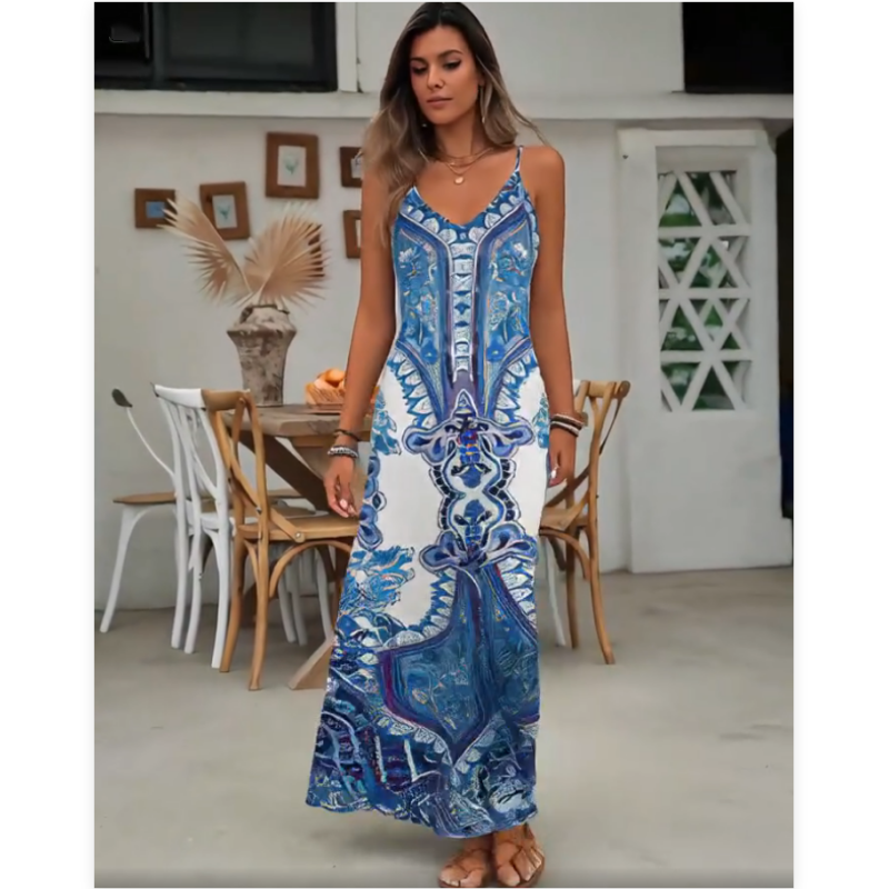 ⏳🔥2026 Verkaufsschlager🎁Damen Retro Print V-Ausschnitt Ärmelloses Maxikleid🔥Beim Kauf von 2 Stück kostenloser Versand🔥