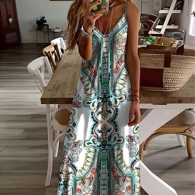 ⏳🔥2026 Verkaufsschlager🎁Damen Retro Print V-Ausschnitt Ärmelloses Maxikleid🔥Beim Kauf von 2 Stück kostenloser Versand🔥