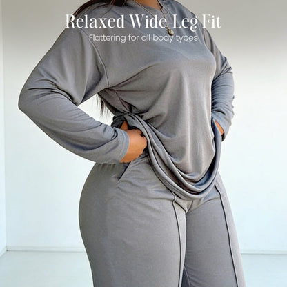 2-teiliges Set für Damen: Langarm-Oberteil und Hose mit weitem Bein