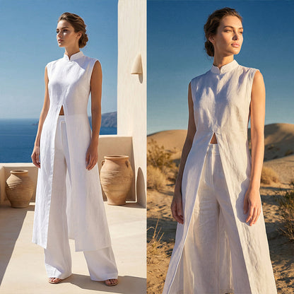 Einfarbiges High-Low-Oberteil und Hose, 2-teiliges Set
