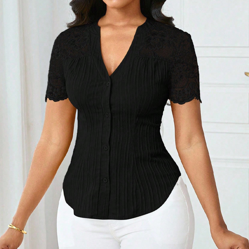 Damen-V-Ausschnitt-Bluse mit Spitze an den Ärmeln und Knopfleiste für den Sommer🌸 Mühelose Eleganz, alltäglicher Stil! 🌸