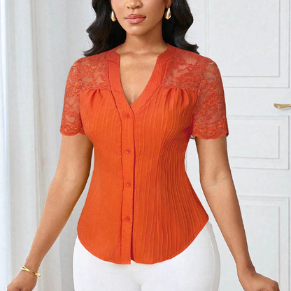 Damen-V-Ausschnitt-Bluse mit Spitze an den Ärmeln und Knopfleiste für den Sommer🌸 Mühelose Eleganz, alltäglicher Stil! 🌸