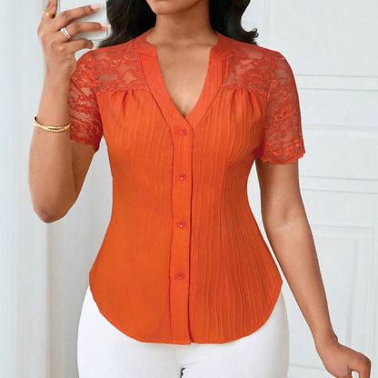 Damen-V-Ausschnitt-Bluse mit Spitze an den Ärmeln und Knopfleiste für den Sommer🌸 Mühelose Eleganz, alltäglicher Stil! 🌸