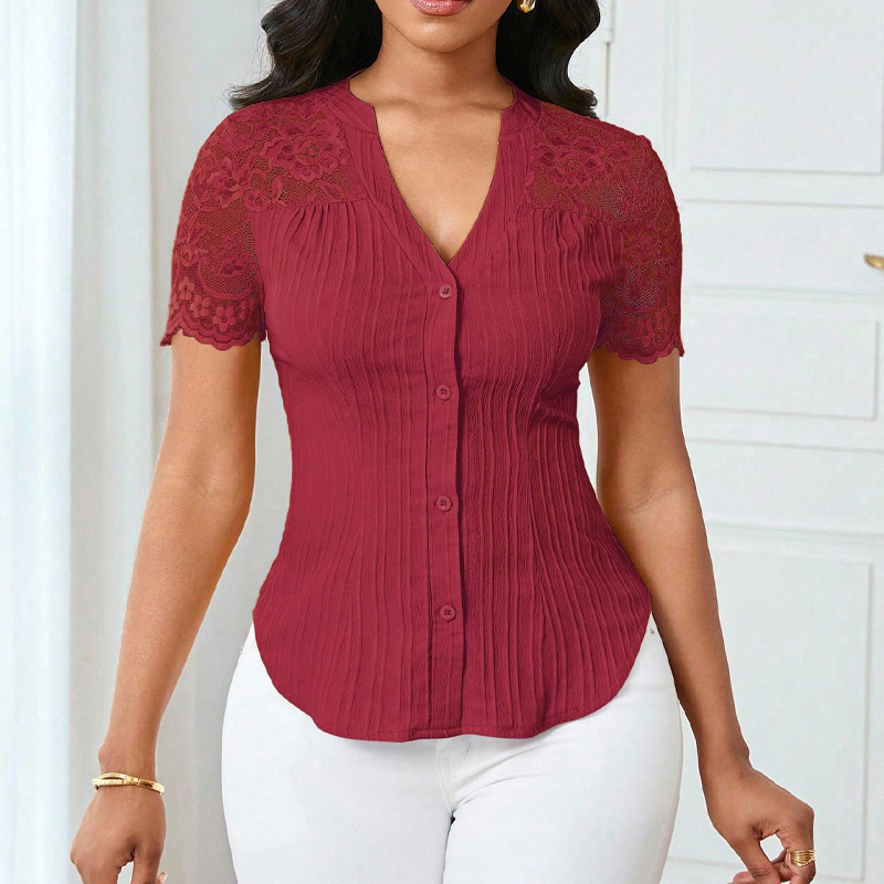 Damen-V-Ausschnitt-Bluse mit Spitze an den Ärmeln und Knopfleiste für den Sommer🌸 Mühelose Eleganz, alltäglicher Stil! 🌸