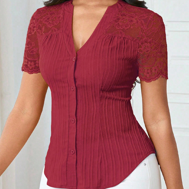 Damen-V-Ausschnitt-Bluse mit Spitze an den Ärmeln und Knopfleiste für den Sommer🌸 Mühelose Eleganz, alltäglicher Stil! 🌸