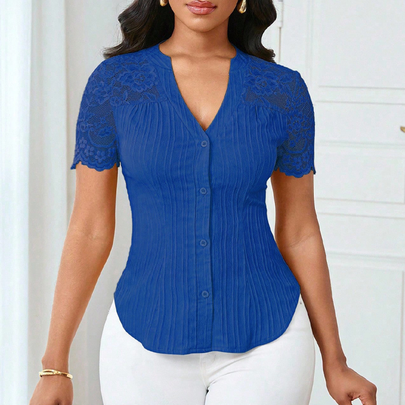 Damen-V-Ausschnitt-Bluse mit Spitze an den Ärmeln und Knopfleiste für den Sommer🌸 Mühelose Eleganz, alltäglicher Stil! 🌸