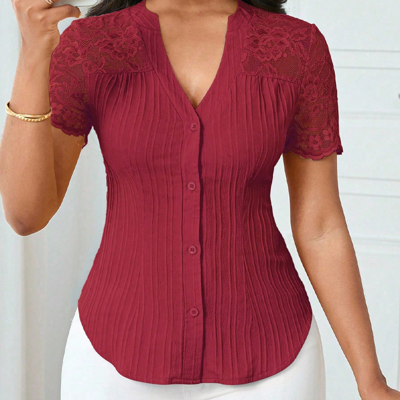 Damen-V-Ausschnitt-Bluse mit Spitze an den Ärmeln und Knopfleiste für den Sommer🌸 Mühelose Eleganz, alltäglicher Stil! 🌸