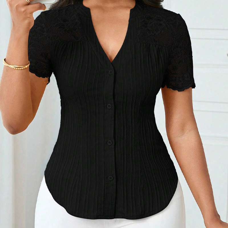Damen-V-Ausschnitt-Bluse mit Spitze an den Ärmeln und Knopfleiste für den Sommer🌸 Mühelose Eleganz, alltäglicher Stil! 🌸