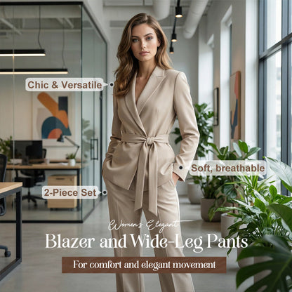 ⏳Limited-time 50% Off⏰Women's Elegant Tie-Waist Blazer & Wide-Leg Pants Suit Set👔👖