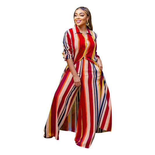 Women's two-piece set: long-sleeved striped jumpsuit + pants