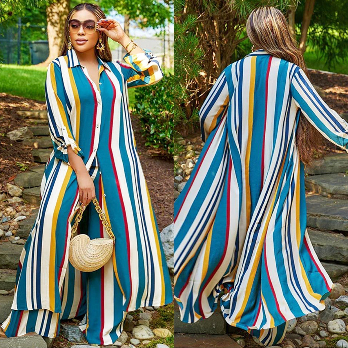 Women's two-piece set: long-sleeved striped jumpsuit + pants