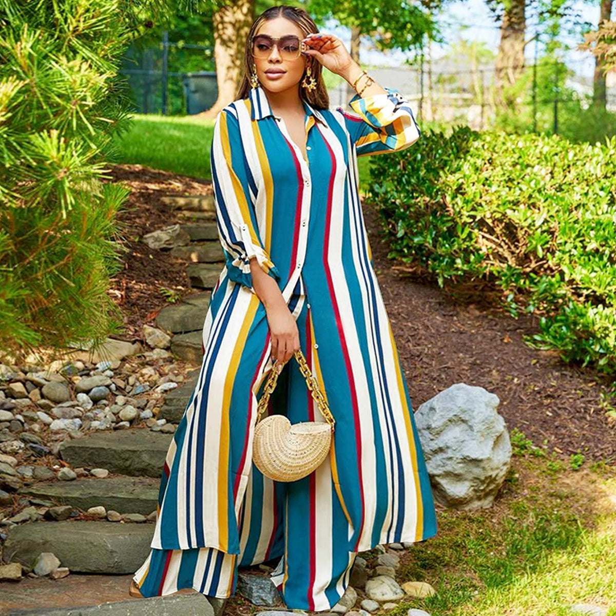 Women's two-piece set: long-sleeved striped jumpsuit + pants