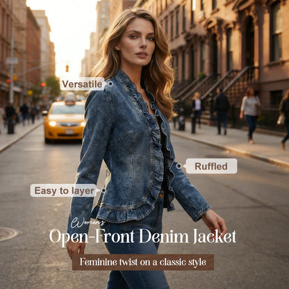 🥳2026 HOT SALE🥳💞50K+ SOLD!👵☀️ 50% OFF! Open-Front Denim Jacket – No buttons, Easy on/off. Flattering Ruffle Trim, Breathable Fabric. Classic Blue Wash. A Versatile Wardrobe Staple. 🌿✅
