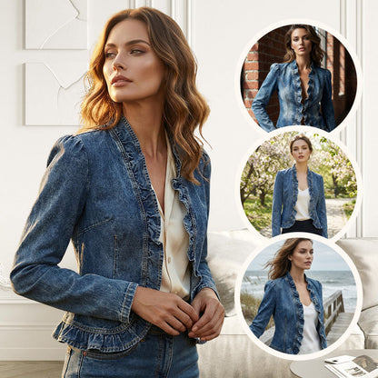 🥳2026 HOT SALE🥳💞50K+ SOLD!👵☀️ 50% OFF! Open-Front Denim Jacket – No buttons, Easy on/off. Flattering Ruffle Trim, Breathable Fabric. Classic Blue Wash. A Versatile Wardrobe Staple. 🌿✅