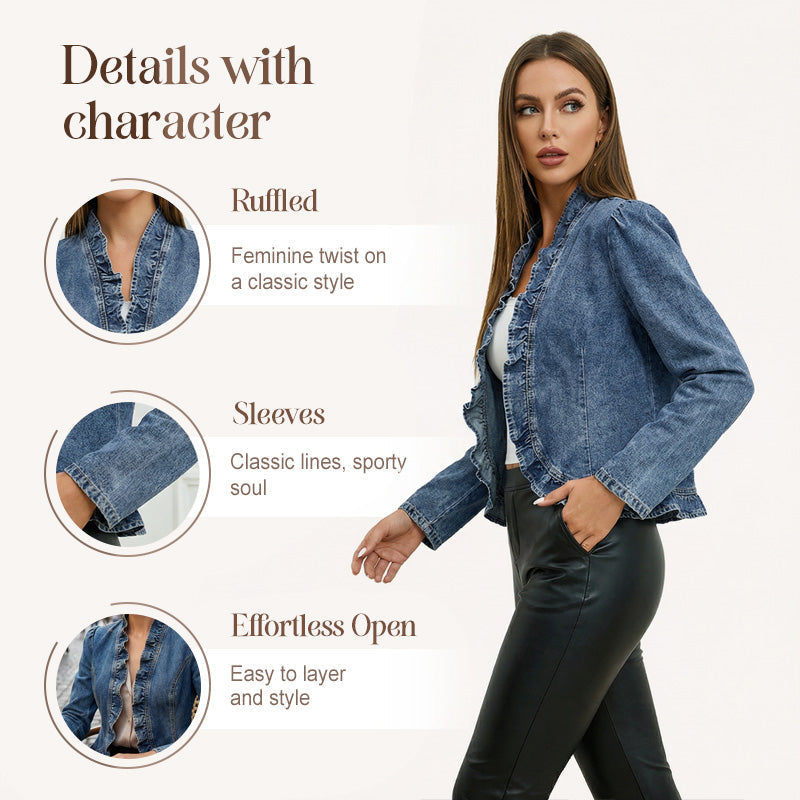 🥳2026 HOT SALE🥳💞50K+ SOLD!👵☀️ 50% OFF! Open-Front Denim Jacket – No buttons, Easy on/off. Flattering Ruffle Trim, Breathable Fabric. Classic Blue Wash. A Versatile Wardrobe Staple. 🌿✅