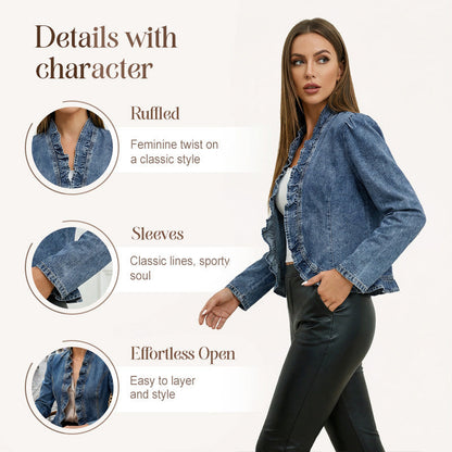 🥳2026 HOT SALE🥳💞50K+ SOLD!👵☀️ 50% OFF! Open-Front Denim Jacket – No buttons, Easy on/off. Flattering Ruffle Trim, Breathable Fabric. Classic Blue Wash. A Versatile Wardrobe Staple. 🌿✅
