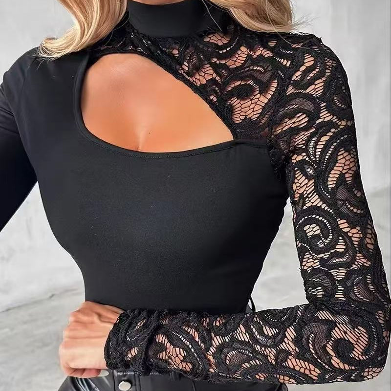 Women's Asymmetrical Cutout Lace Sleeve Top – Slim Fit, Mock Neck & Romantic Keyhole Back Detail 👗🖤
