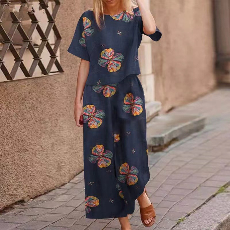 🔥✨50% Rabatt am letzten Tag ⏳⏰ Zweiteiliges Set: Locker sitzendes Oberteil und Hose mit Print für Damen