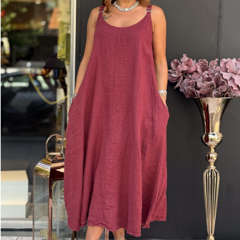 Damen-Trägerkleid aus Baumwolle und Leinen mit Taschen🔥✨Strahlend vor Eleganz und Charme