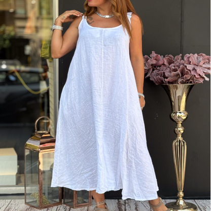 Damen-Trägerkleid aus Baumwolle und Leinen mit Taschen🔥✨Strahlend vor Eleganz und Charme