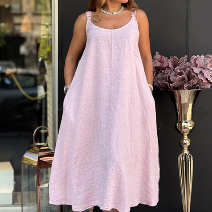 Damen-Trägerkleid aus Baumwolle und Leinen mit Taschen🔥✨Strahlend vor Eleganz und Charme