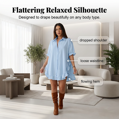 🔥Heiße Deals – Oversized-Hemdblusenkleid für Damen mit Rüschensaum✨ Sommerliche Leichtigkeit🌞