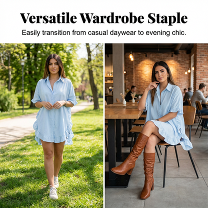 🔥Heiße Deals – Oversized-Hemdblusenkleid für Damen mit Rüschensaum✨ Sommerliche Leichtigkeit🌞
