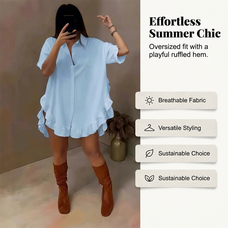 🔥Heiße Deals – Oversized-Hemdblusenkleid für Damen mit Rüschensaum✨ Sommerliche Leichtigkeit🌞
