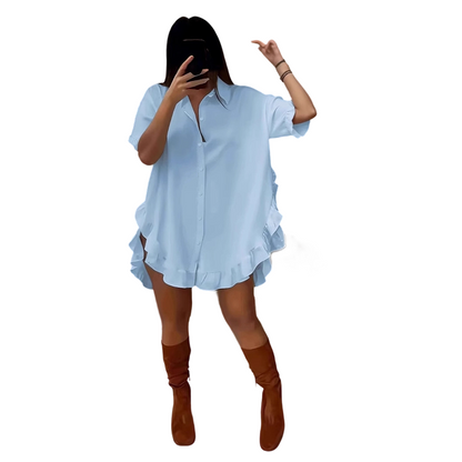 🔥Heiße Deals – Oversized-Hemdblusenkleid für Damen mit Rüschensaum✨ Sommerliche Leichtigkeit🌞
