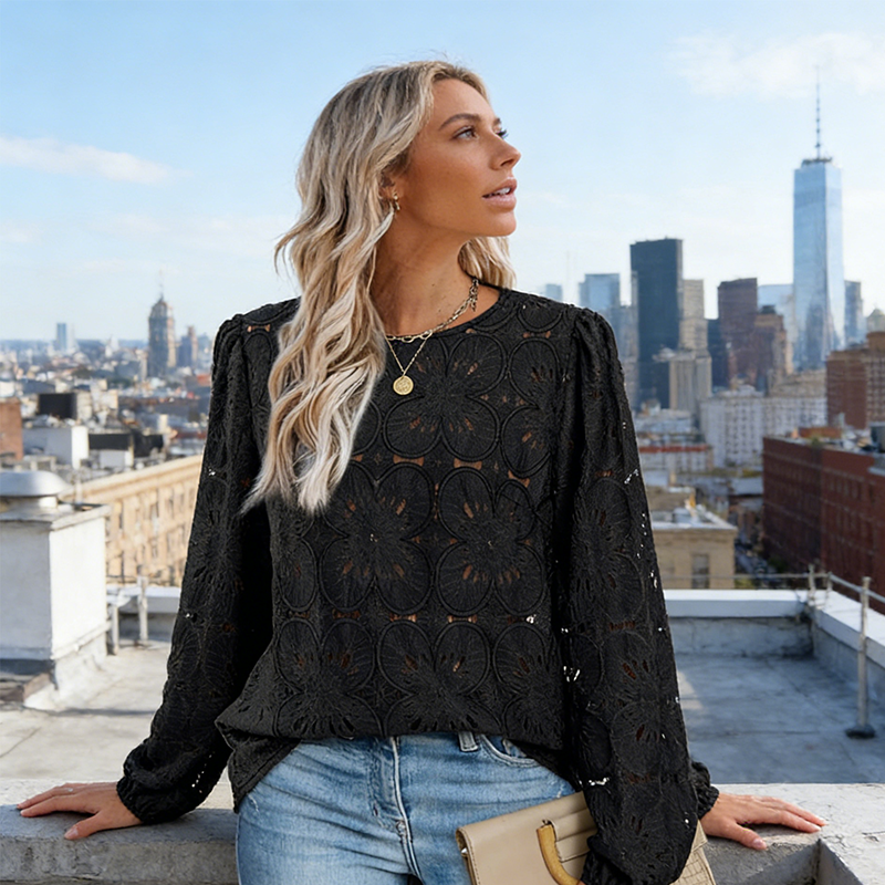 Women's Elegant Crew Neck Hollow-Out Long Sleeve Top🔥✨Exuding Elegance And Charm