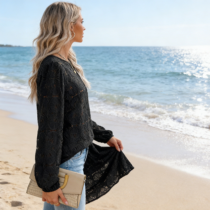 Women's Elegant Crew Neck Hollow-Out Long Sleeve Top🔥✨Exuding Elegance And Charm