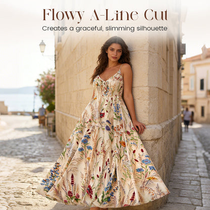 👗Neu eingetroffen 50% RABATT!🥰Große Größen Blumenprint Spaghettiträger Midikleid