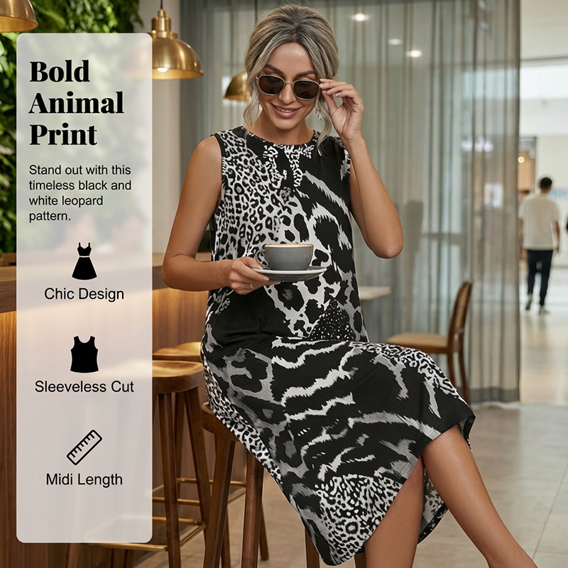 🖤 Mutig & Schön 🐆 Damen ärmelloses Midikleid mit Leopardenmuster