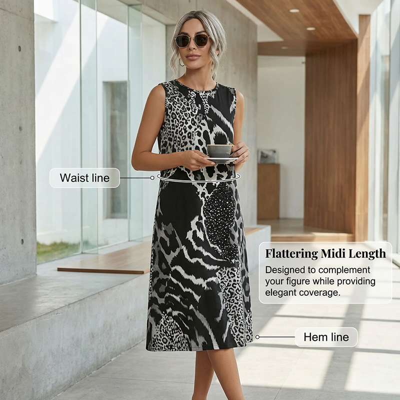 🖤 Mutig & Schön 🐆 Damen ärmelloses Midikleid mit Leopardenmuster