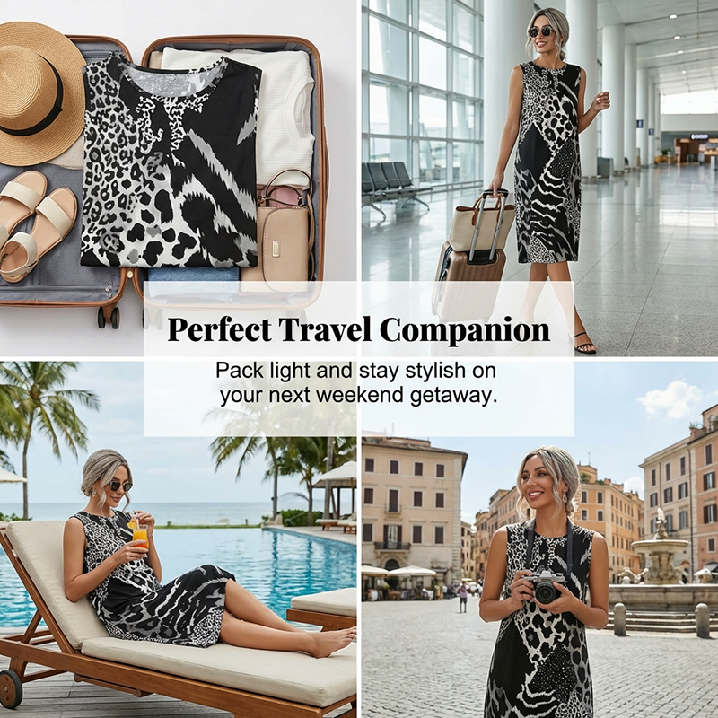 🖤 Mutig & Schön 🐆 Damen ärmelloses Midikleid mit Leopardenmuster