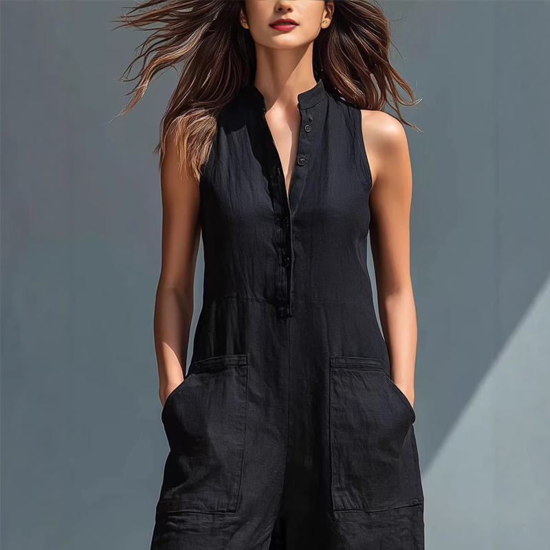 👖 50% OFF NOW! 🌿 Women's Sleeveless Wide-Leg Jumpsuit – Button-Up, Relaxed Fit & Functional Pockets ✨