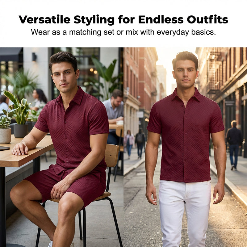 🔥Herren Jacquard Kurzarmhemd & Shorts 2-teiliges Set ✨ Stilvoll durch den Sommer 🌴