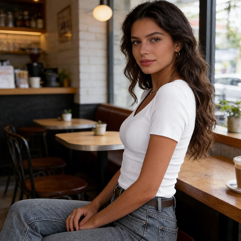 🌟 Enganliegendes Basic V-Neck T-Shirt für Damen 💫 Mühelose Eleganz