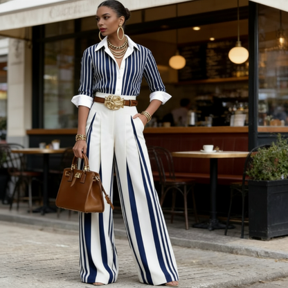 📢📢50% OFF !! ⏰✨ Sleek, Stylish, And Effortlessly Chic – Women's Striped Shirt & Wide-Leg Pants 2-Piece Set