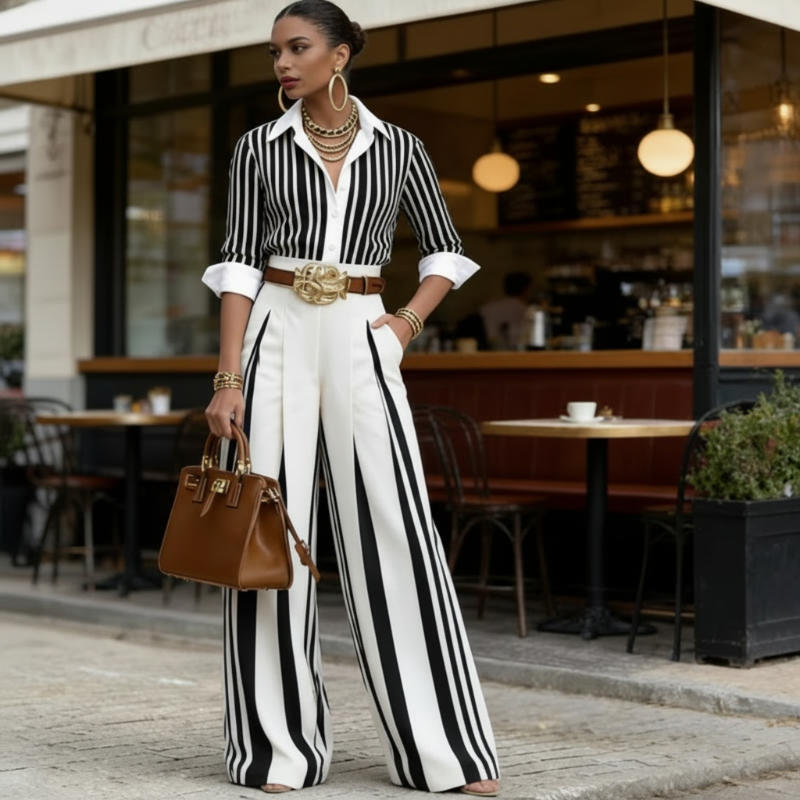 📢📢50% OFF !! ⏰✨ Sleek, Stylish, And Effortlessly Chic – Women's Striped Shirt & Wide-Leg Pants 2-Piece Set