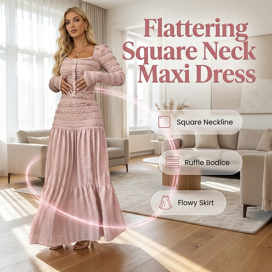 🌸💕 Effortlessly Elegant – The Square Neck Ruffle Maxi Dress ✨