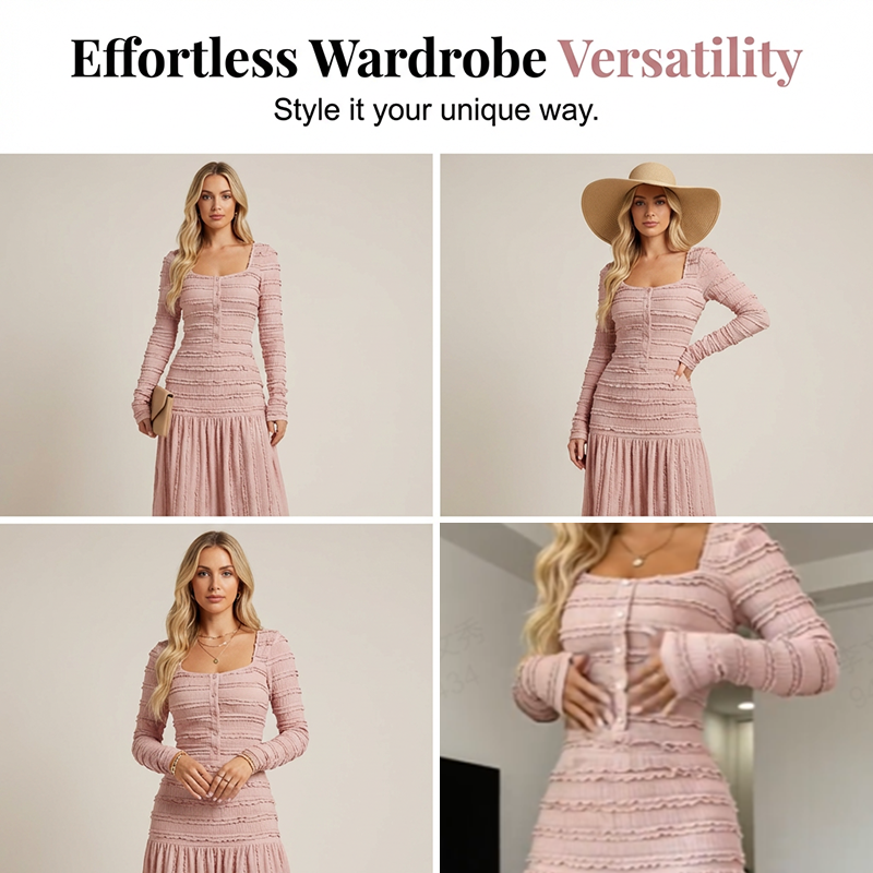 🌸💕 Mühelos elegant – Das Maxikleid mit eckigem Ausschnitt und Rüschen ✨