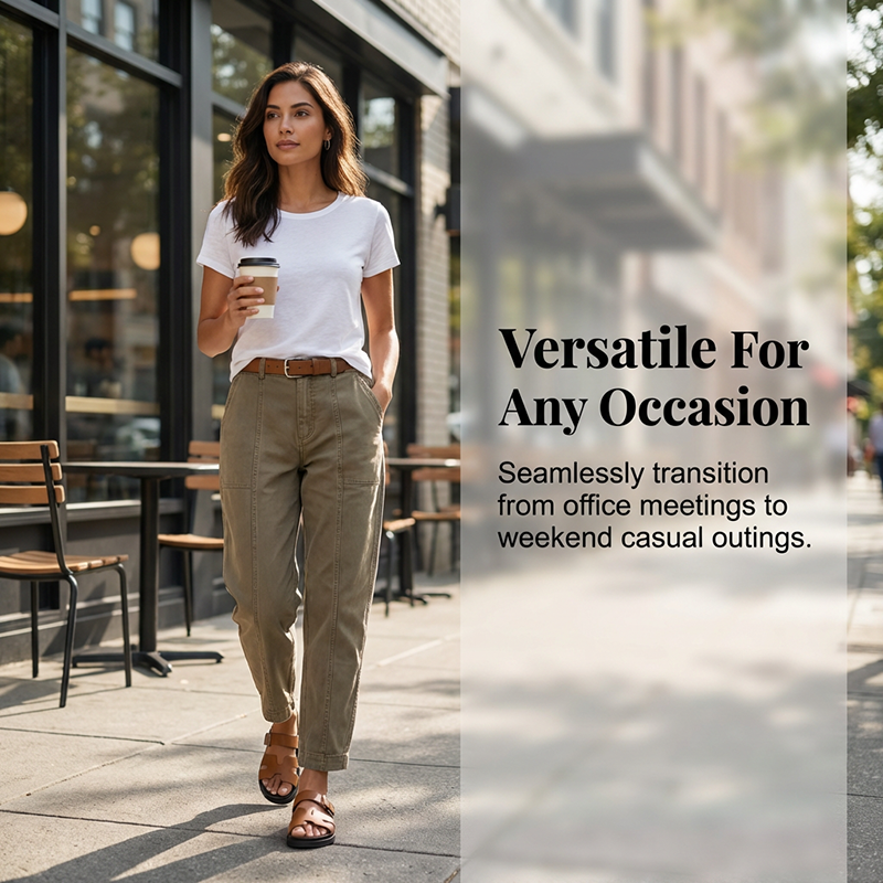 Versatile tapered pants 👖 High-waisted and slim-fitting, practical pockets, wrinkle-resistant fabric, creates the illusion of longer legs 📏
