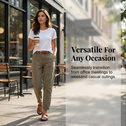 Versatile tapered pants 👖 High-waisted and slim-fitting, practical pockets, wrinkle-resistant fabric, creates the illusion of longer legs 📏