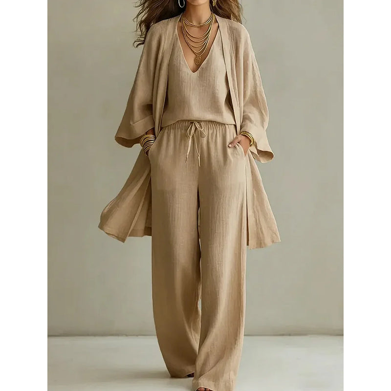 ⏰🔥NUR FÜR KURZE ZEIT: 50% RABATT! 🧥 Elegantes 3-teiliges Set – Weite Hose, Top & Cardigan für mühelosen Chic 👚👖✨