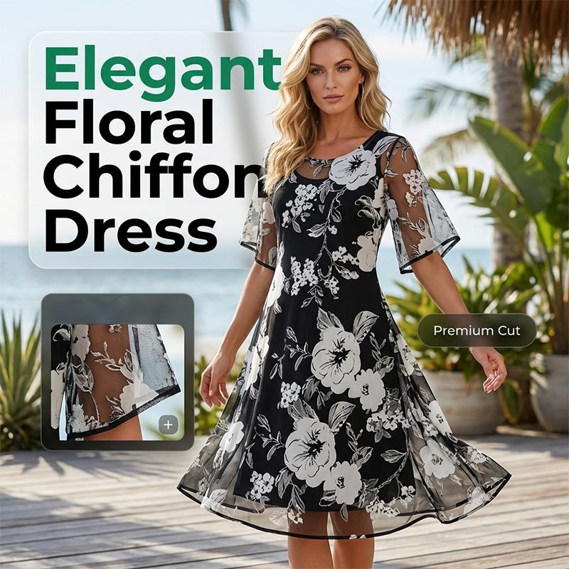 🔥Heiße Angebote – Elegantes Chiffonkleid für Damen mit Blumendruck: Müheloser Stil für jeden Anlass 🌸