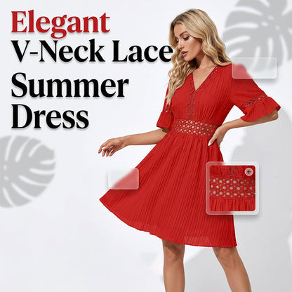 🌸Elegantes V-Ausschnitt-Kleid mit Spitzenausschnitten✨ Stilvoll in den Sommer