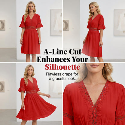 🌸Elegantes V-Ausschnitt-Kleid mit Spitzenausschnitten✨ Stilvoll in den Sommer