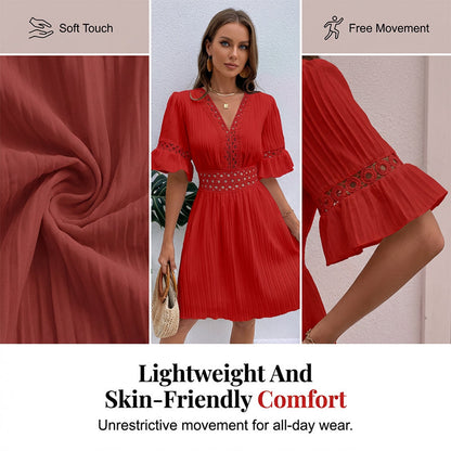 🌸Elegantes V-Ausschnitt-Kleid mit Spitzenausschnitten✨ Stilvoll in den Sommer